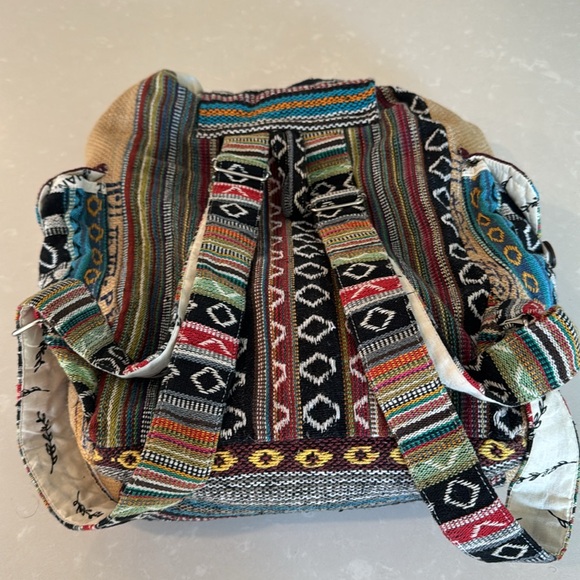 Rice Love Recycled Burlap Multicolor Boho Print Rice Bag Travel Backpack - Picture 8 of 15
